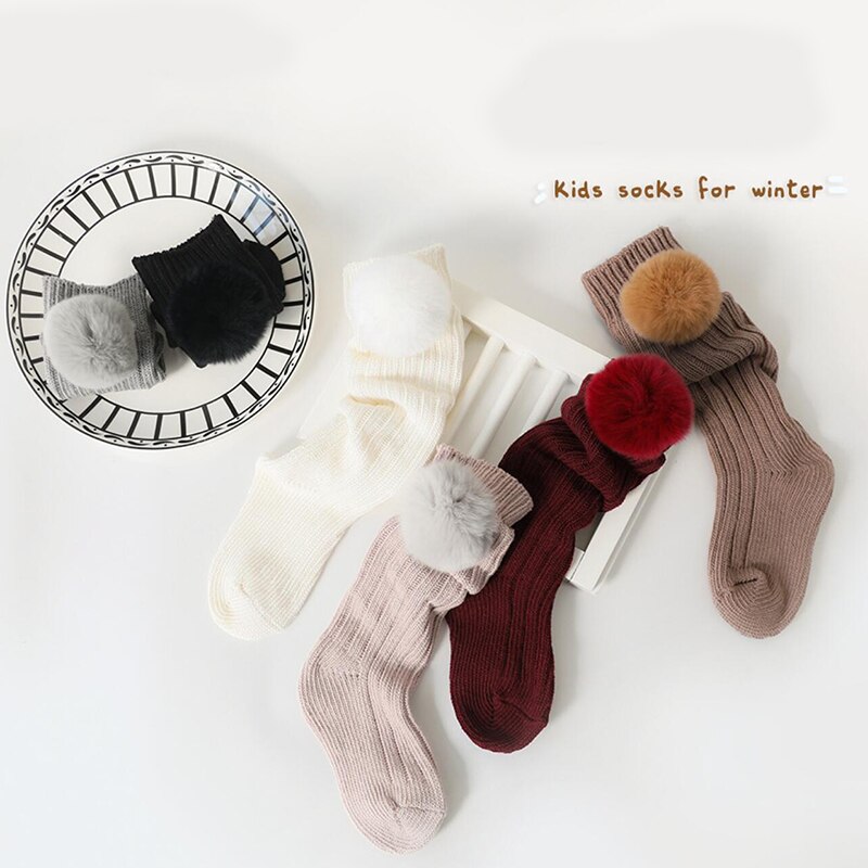 Toddlers Pompom Socks Autumn Winter Children Girls Knee High Long Sock Cotton Kids Floor Socks Children Leg Warmers 0-7Y