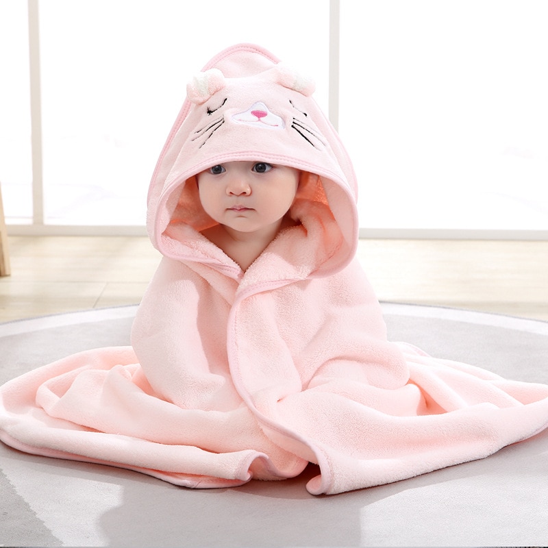80*80 Newborn Bath Towel Cartoon Coral Fleece Blanket with Hood Absorbent Warm Blanket Children Sleeping Swaddle Wrap