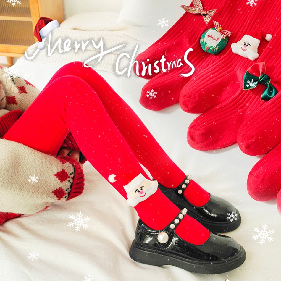 Teen Children Christmas Pantyhose Socks Kids Cute Red Long Socks Girls Cartoon Santa Claus Leggings Xmas Gift New Year Supplies