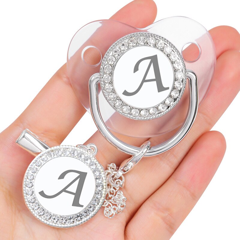 Luxury Diamond Silver 26 Name Initial Letter Transparent Baby Pacifier Chain Clip Newborn Infant Soother Dummy Nipple With Cover