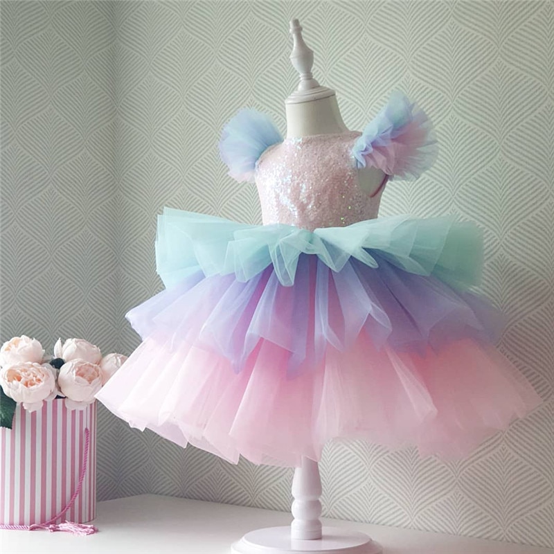 Kids Christmas Party Costume Rainbow Evening Cake Tutu Prom Gown Children Wedding Communion Costume Girls Formal Princess Dress