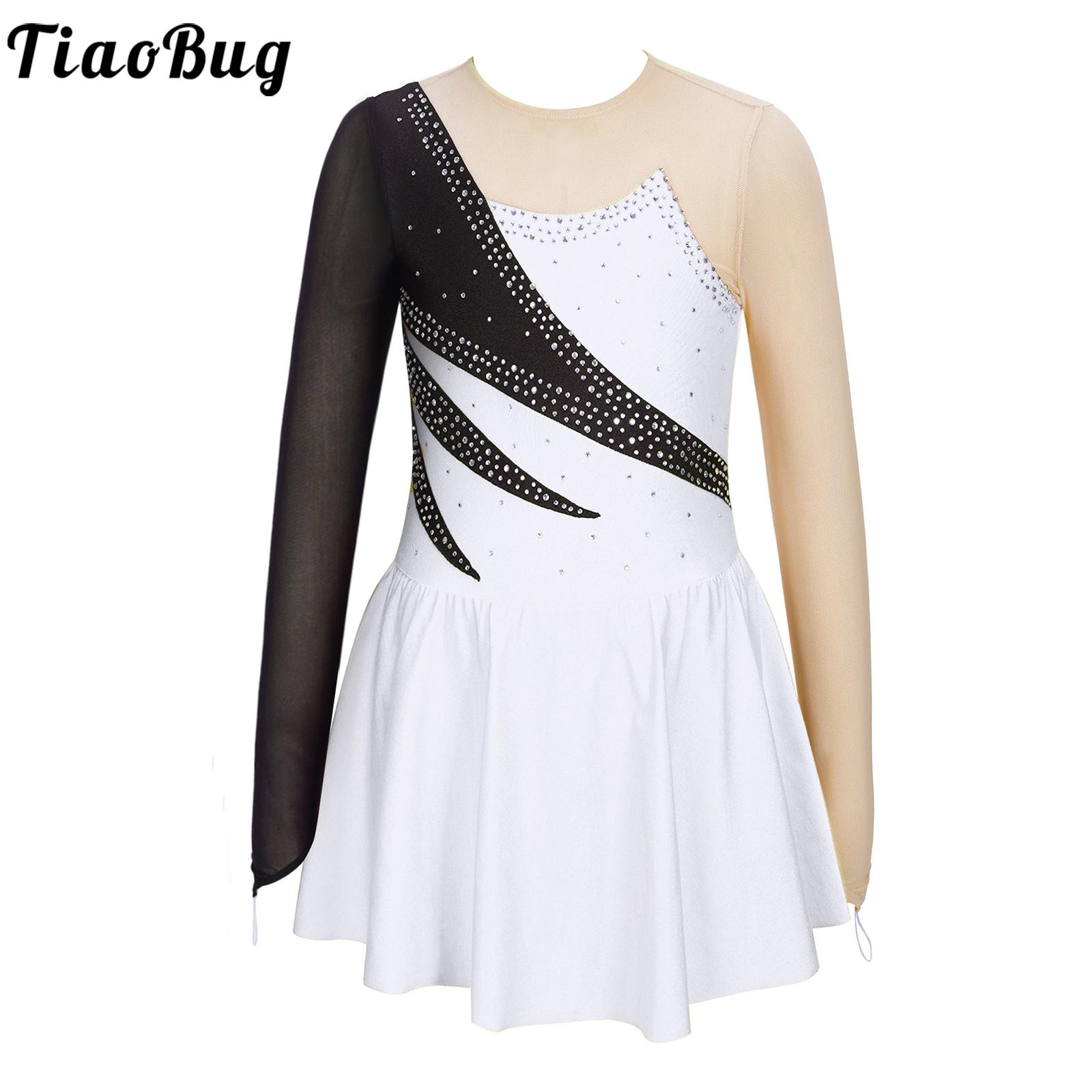 Kids Girls Rhinestone Long Sleeve Contrast Color Dance Dress Leotard Figure Ice Skating Roller Skating Competition Costume