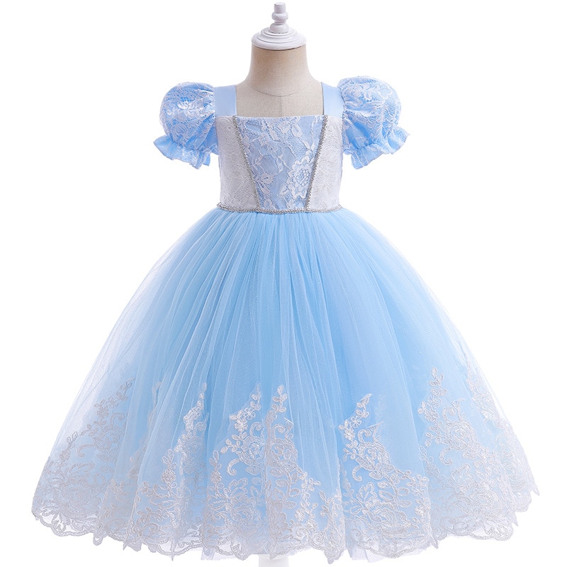 Halloween Cosplay Costume Sweet Blue Tulle Ankle-Length Girls Ceremonial Dress For Weddings Elegant Sequined Princess Dress 5 Y