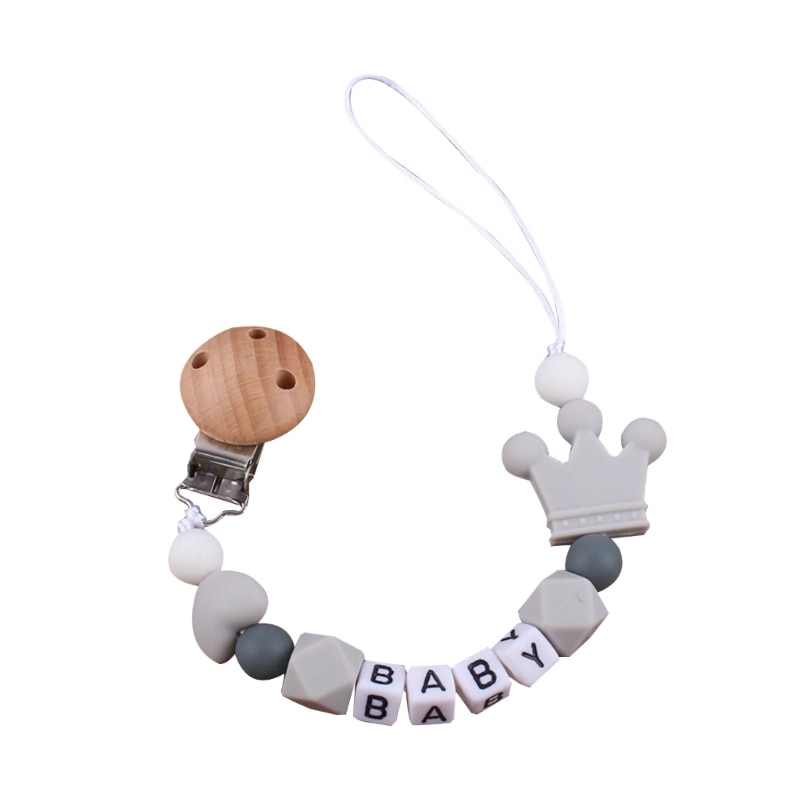 Cute Crown Silicone Bead Pacifier Clip for Baby Girl Boy Wooden Soother Chain Holder Babies Newborn Teething Toy Shower