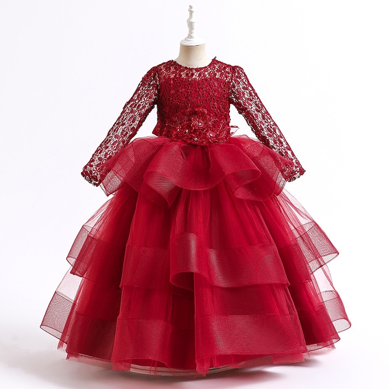 4-14 years old elegant celebrity high-end party dress long sleeve temperament girl birthday party princess skirt tulle long brid