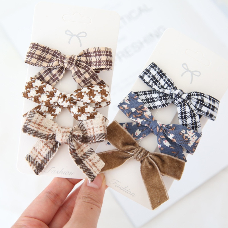 3pcs Vintage Baby Girl Hair Clips Handmade Cotton Bows Crochet Woolen Floral Print Kids Hairgrips Cute Children Hair Accessories
