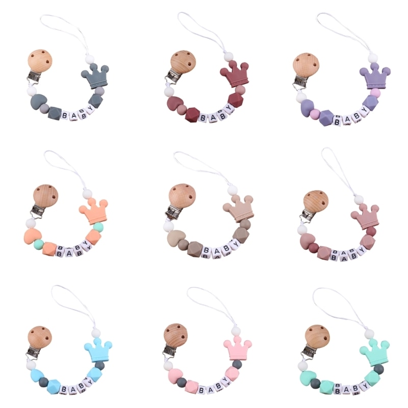 Cute Crown Silicone Bead Pacifier Clip for Baby Girl Boy Wooden Soother Chain Holder Babies Newborn Teething Toy Shower