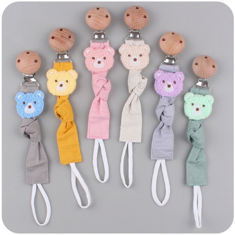 Cute Cotton Pacifier Clips Wooden Dummy Chain Holder Newborn Soother Chains Nipple Holder for Infant Babies