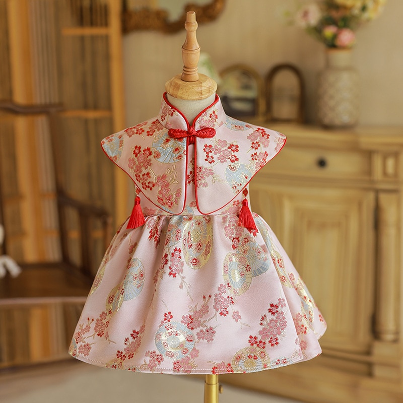 Girls 1st Birthday dress Chinese style kids Tang costume Flower Baby princess dress Children's New Year wear party Clothes 
