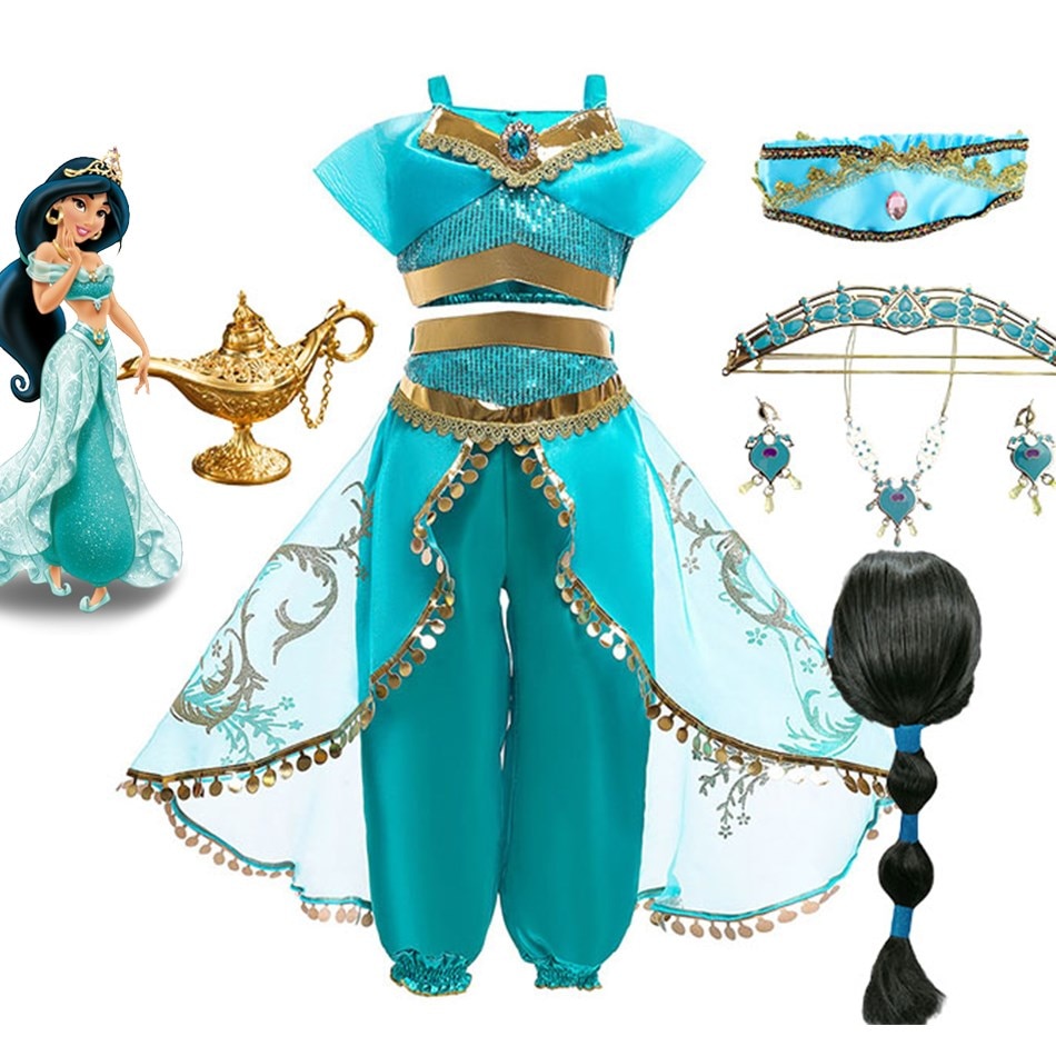 Disney Princess Jasmine Costume Aladdin Lamp Girls Birthday Party Cosplay Dress Children Carnival Clothes Kids Summer Dresses