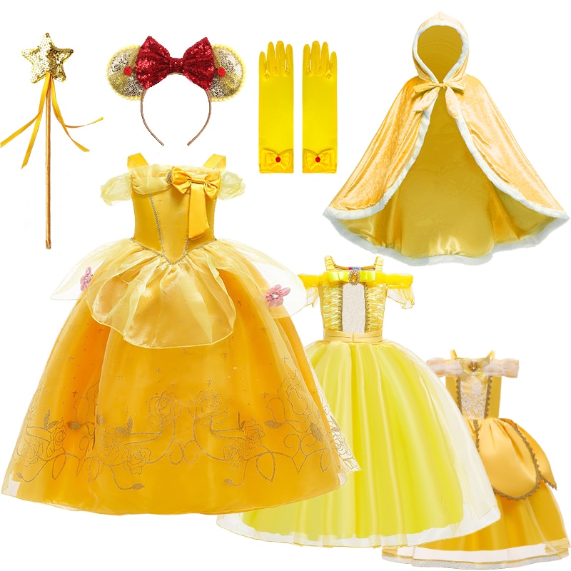 Christmas Fantasia Kids Belle Princess Dress for Girls Flowers Birthday Party Ruffle Style Shoulderless Gown Halloween Costume