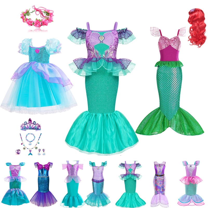 Disney Little Mermaid Princess Dress Girl Luxury Fishtail Birthday Party Gown Halloween Fantasy Cosplay Clothes Fancy Ruffle Set
