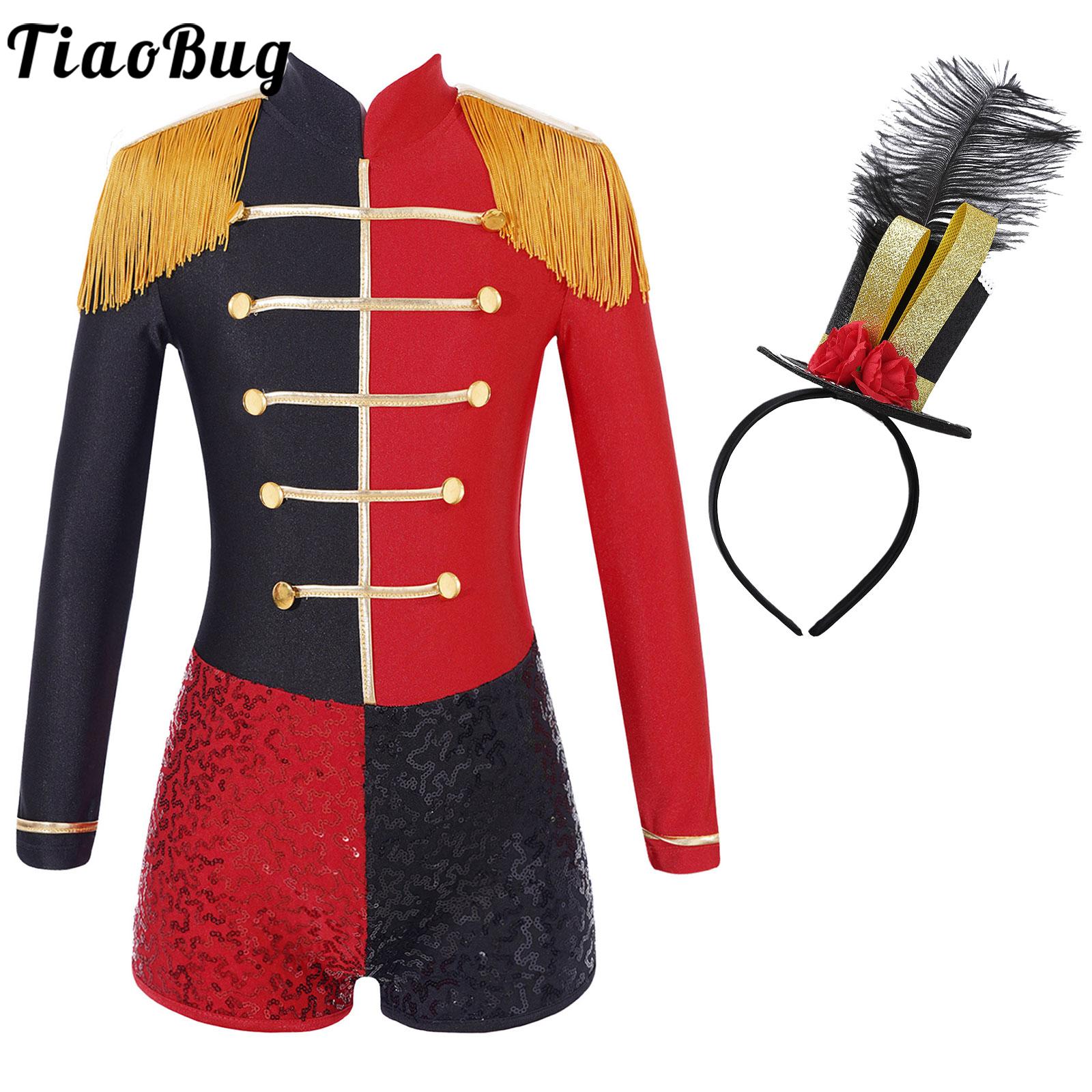 Kids Girls Circus Ringmaster Costume Halloween Cosplay Performance Party Ringmaster Lion Tamer Long Sleeve Tassels Jumpsuit