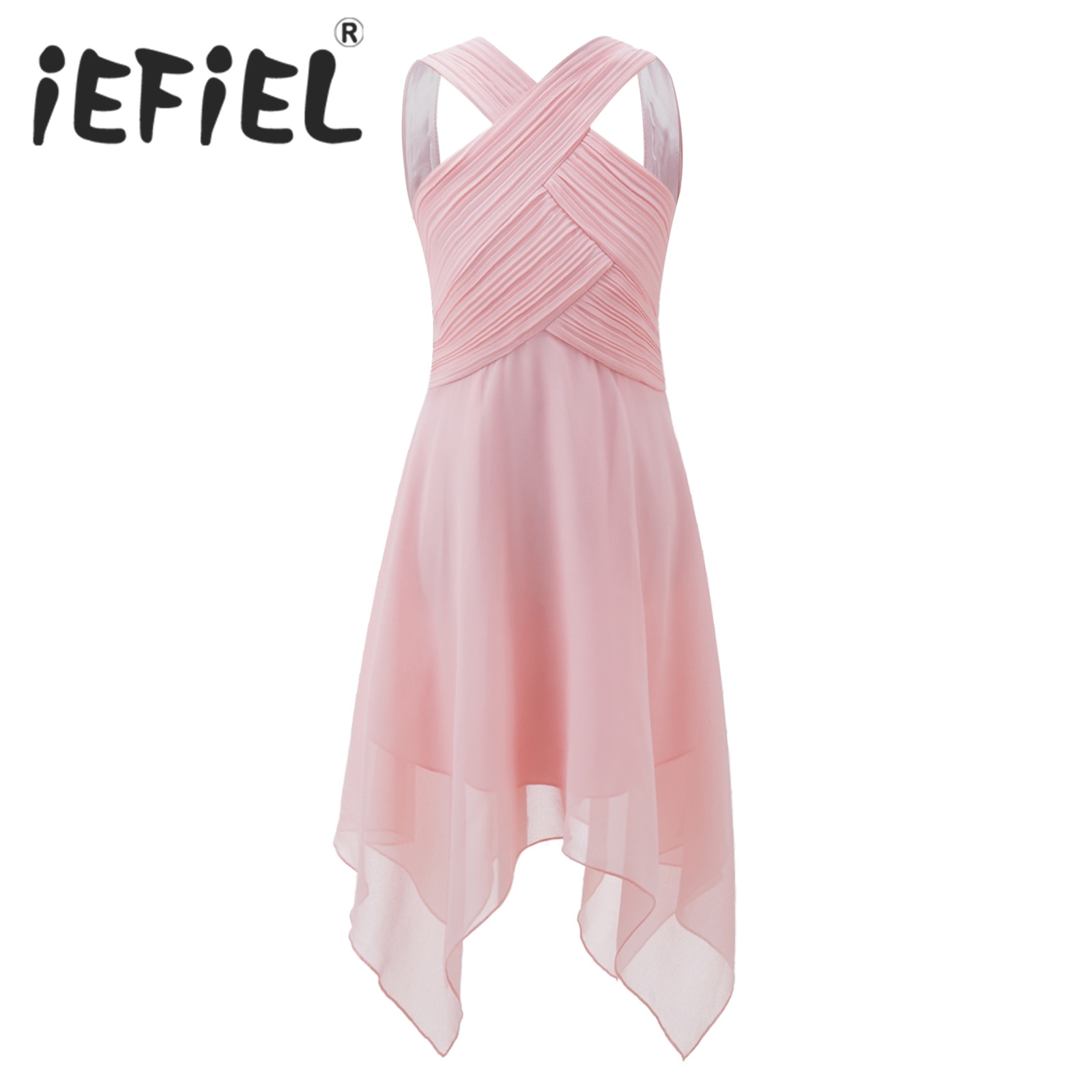 Kids Girls Summer Chiffon Dress Elegant Princess Party Dress Sleeveless Ruched Asymmetrical Hem Dress for Wedding Bridesmaid