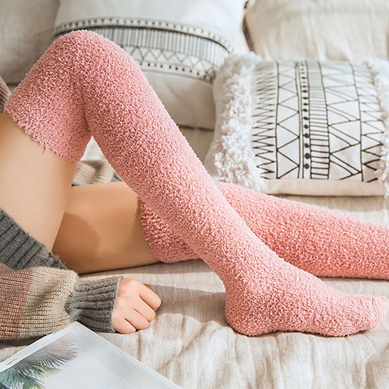 2022 New Soft Coral Fleece Stockings Women Winter Solid Color Warm Thigh High Stockings Home Keep Warm Over Knee High Long Socks