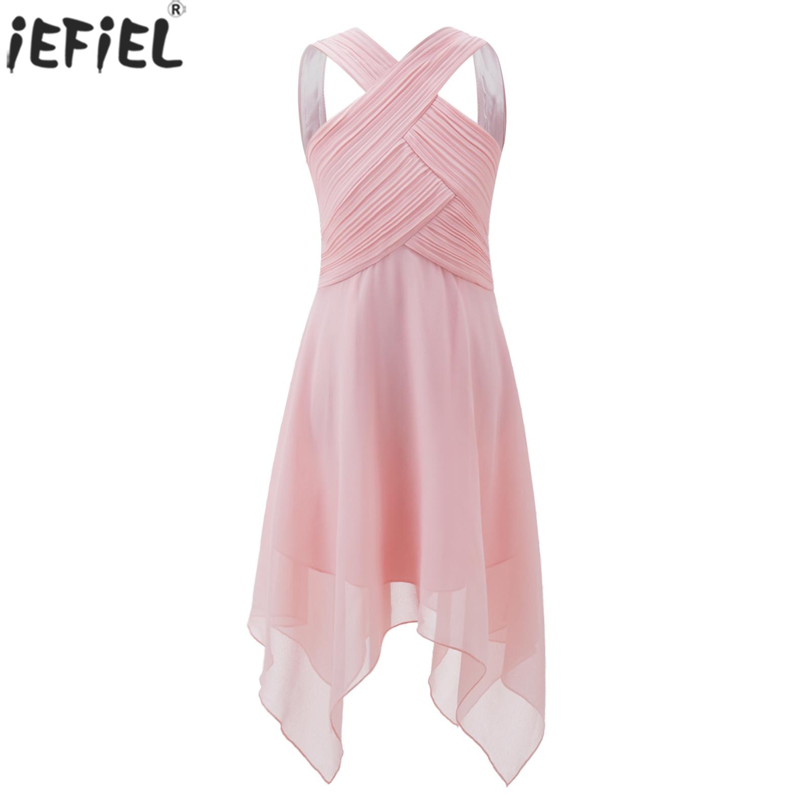 Kids Girls Elegant Formal Party Evening Wedding Dresses Summer Sleeveless Ruched Bodice Asymmetrical Hem Chiffon Princess Dress