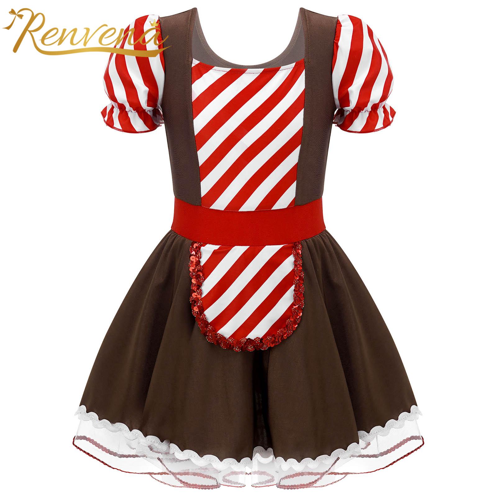 Kids Girls Christmas Costumes Cookie Dress Up Striped Patchwork Christmas Dress Xmas Role Play New Year Performance Clohtes