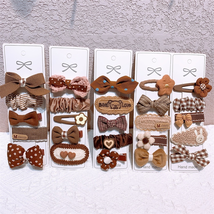 5pcs Korean New Coffee Color Fabric Bow Hair Pin Children Hair Clips Baby Girls Headwear Girls Kids Hair Accessories