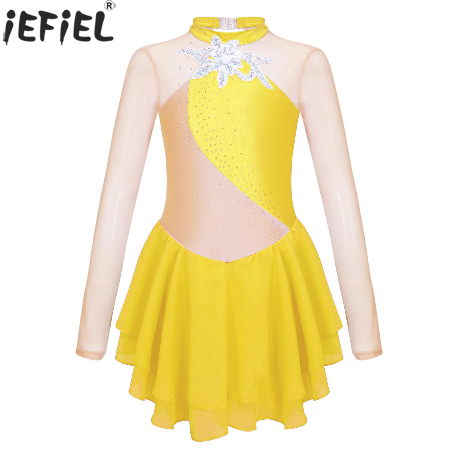 Children Girls Long Sleeve Figure Skating Dance Dress Ballet Rhythmic Gymnastics Leotard Tutu Dancewear for Stage Performance