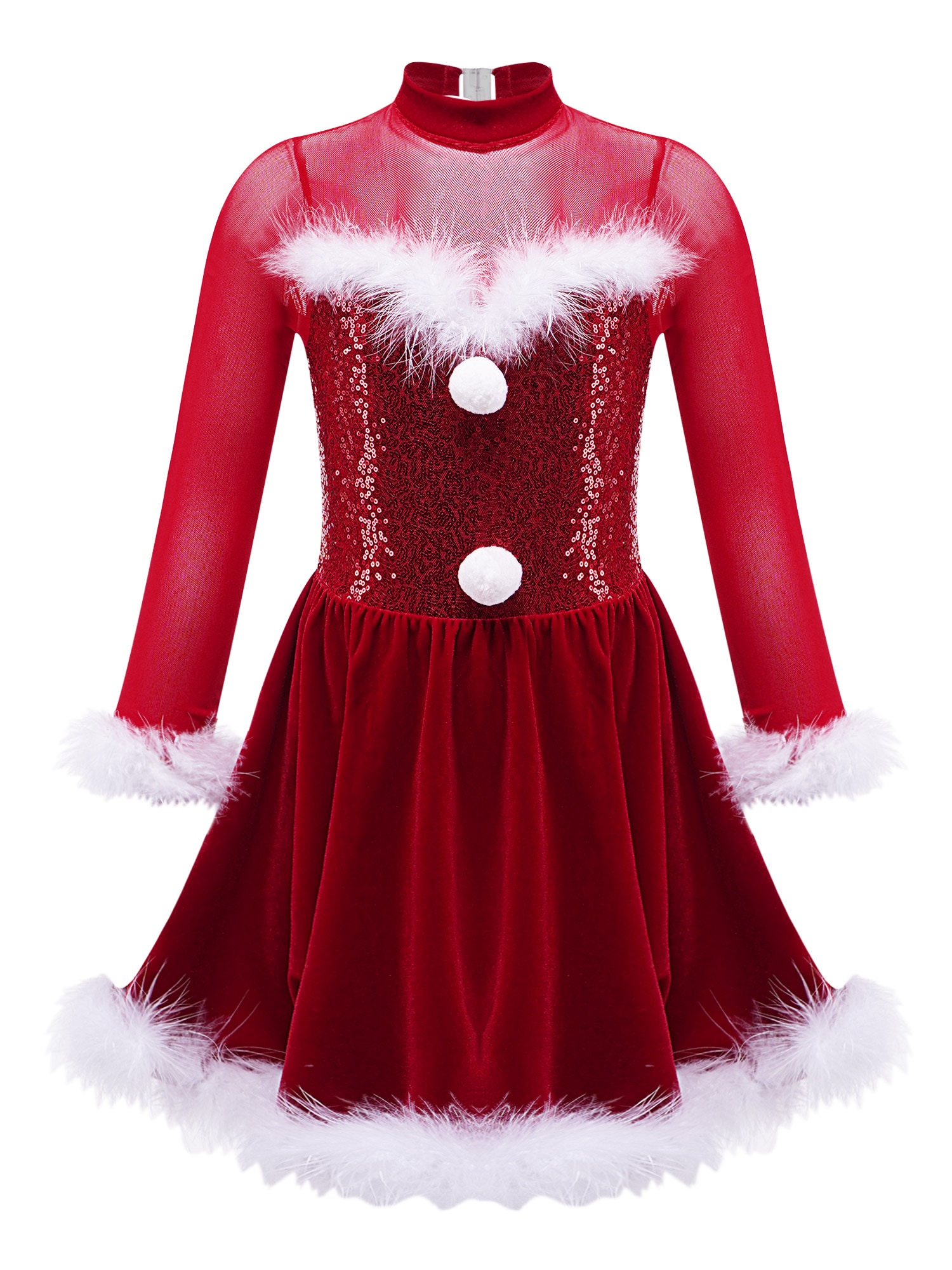 Kids Girls Christmas Shiny Sequin Dance Dress Long Sleeve Fluffy Feather Keyhole Back Jumpsuit Dress For Performance Costumes