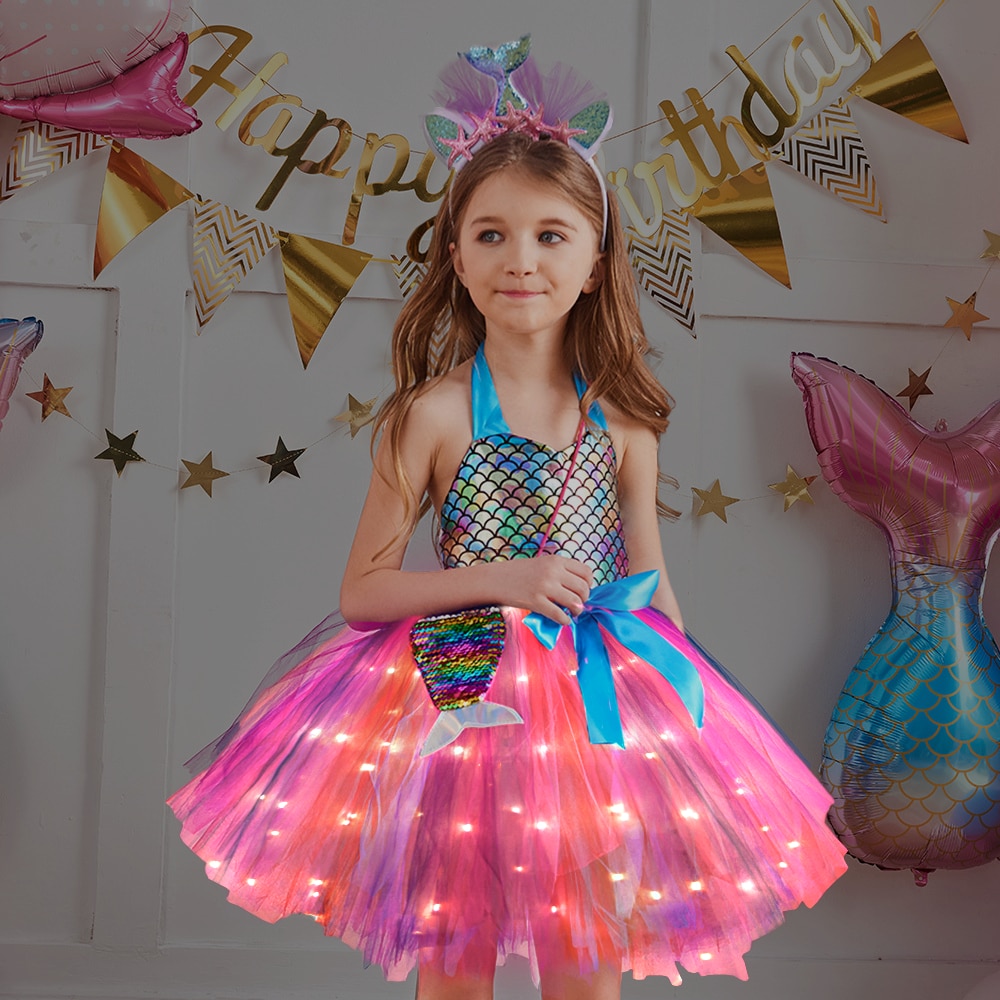 Little Mermaid Princess LED Light Up Dress for Girls Kids New Year Costumes Baby Girl Outfit Christmas Tutu Dress with Birthday