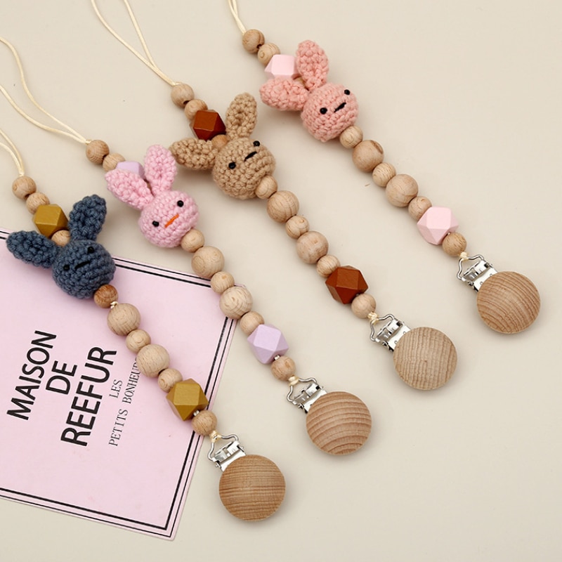 1PC Crochet Bunny Baby Pacifier Clip Chain BPA Free Wooden Beads Appease Soother Chain Clips Newborn Dummy Holder Nipple Clip
