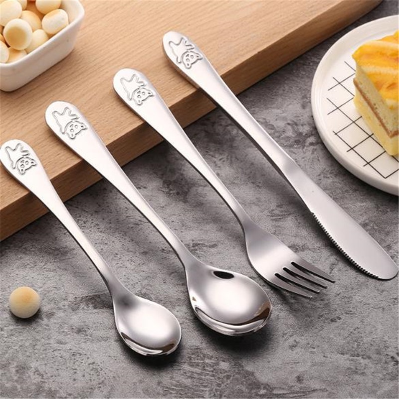 Kids Dishes Stainless Steel Teaspoon Spoon Fork Knife Utensils Set Kids Kids Learning Eating Habit Children Tableware