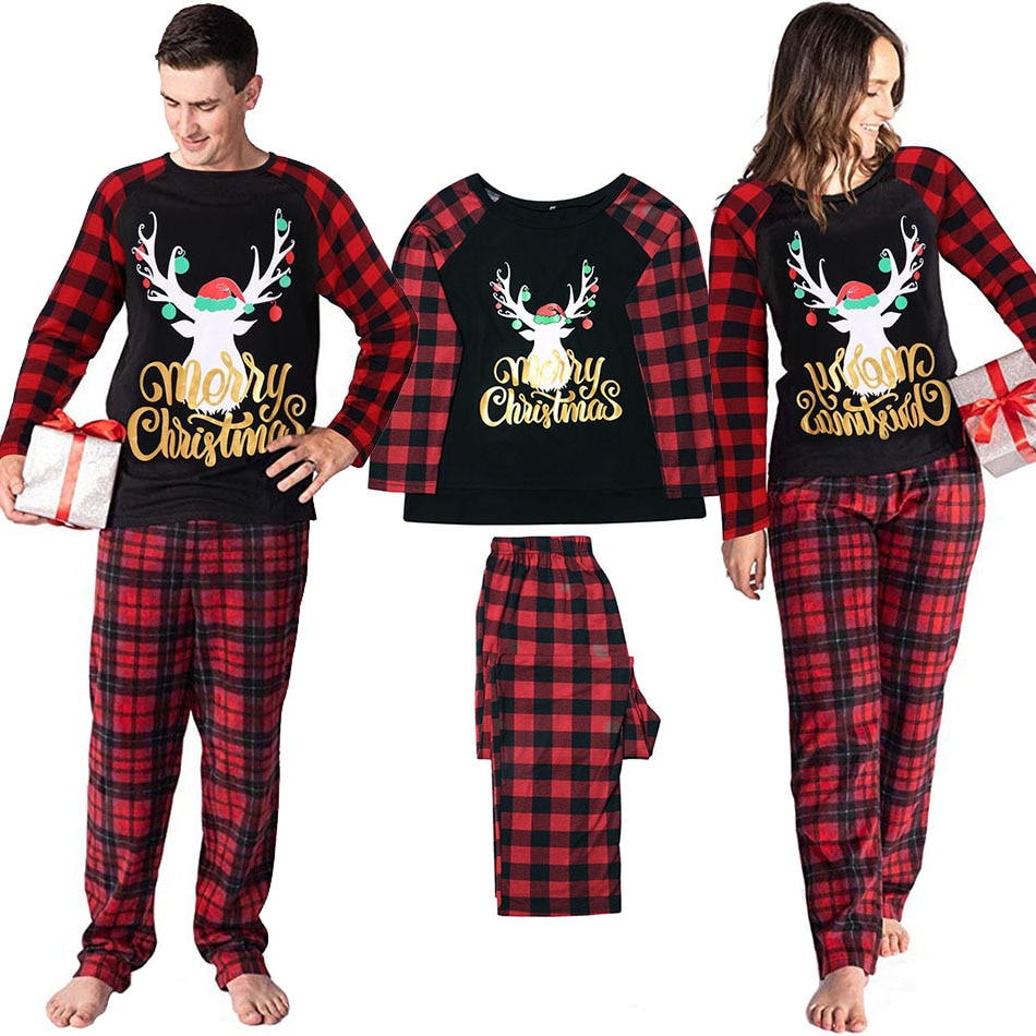 Couples Pajamas Mom Dad Buffalo Plaid Family Matching Outfit Women Men Deer Xmas Outfits Xmas Clothes Red Black Christmas Pjs