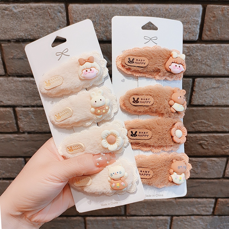 Autumn Winter New Plush Coffee Color Hair Pin Cute Cartoon Ruffle Hair Clips Barrettes Headwear Girls Kids Hair Accessories7.5cm