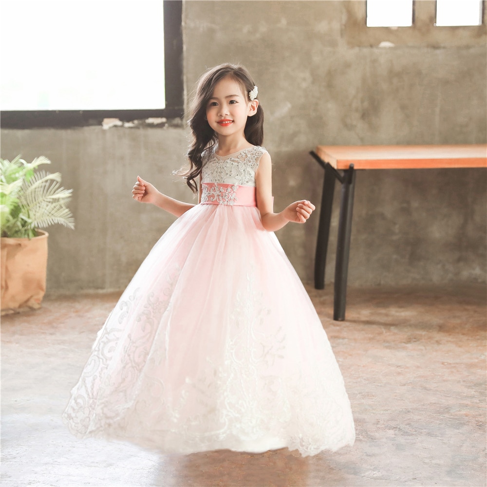 New Party Gown For Kids 2-14 Years Lace Patchwork Flower Girl Dresses Bows First Communion Dress Tulle Ball Gowns With Trailing