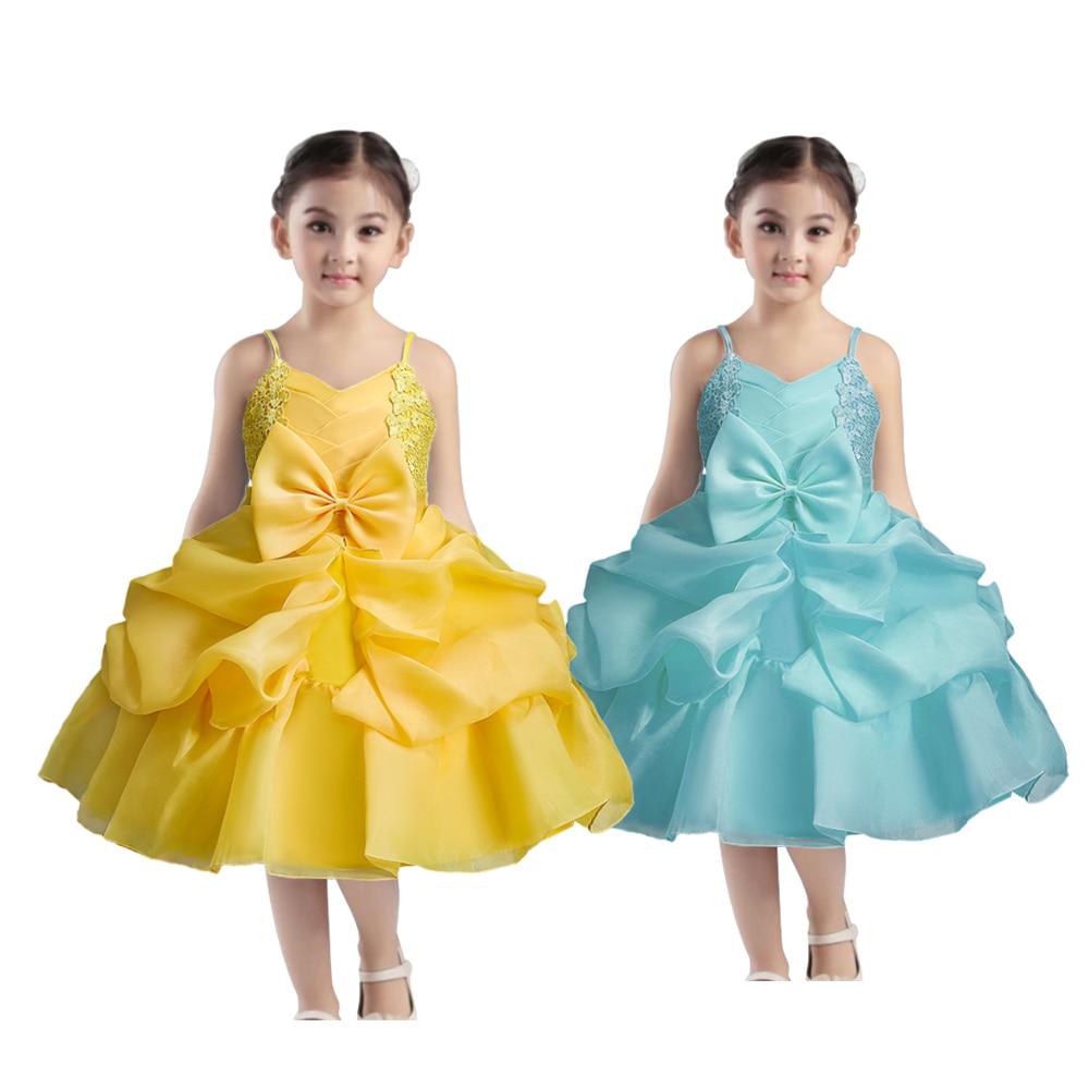 Cotton Lining Children Party Dress Organza With Bustle Pageant Ball Gowns Kids 2-8 Years Blue Flower Girl Dresses For Weddings