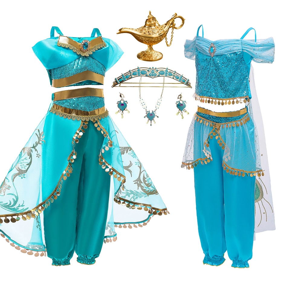 Girls Cosplay Jasmine Costume Kids Arabian Princess Clothes Children Aladdin Lamp Christmas Dress Halloween Evening Dress 3-10T