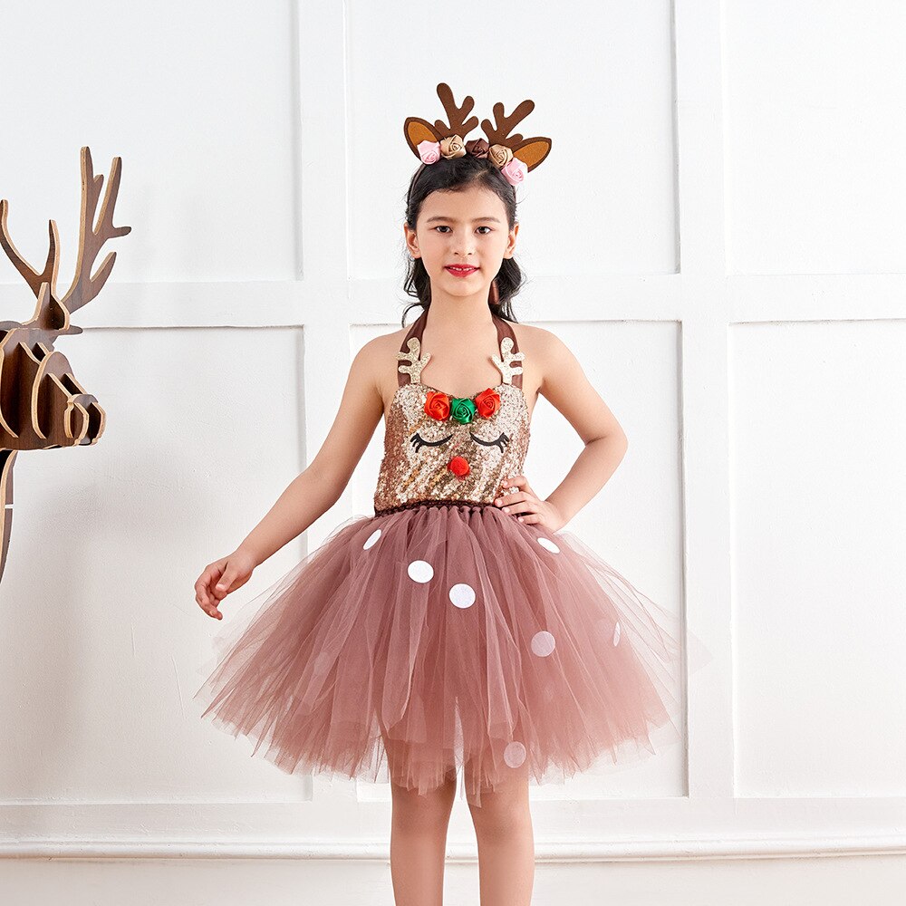 Christmas Party Girls Dress Reindeer Ball Gown Tutu Children Kids Mesh Dresses + Headband Stage Cosplay Clothes Vestido