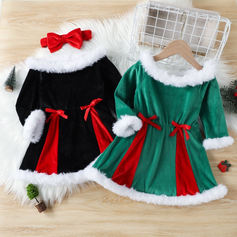 Autumn and Winter 2022 New Children's Classic Green Black Christmas Costumes Princess Girl Velvet Long Sleeve Shoulderless 
