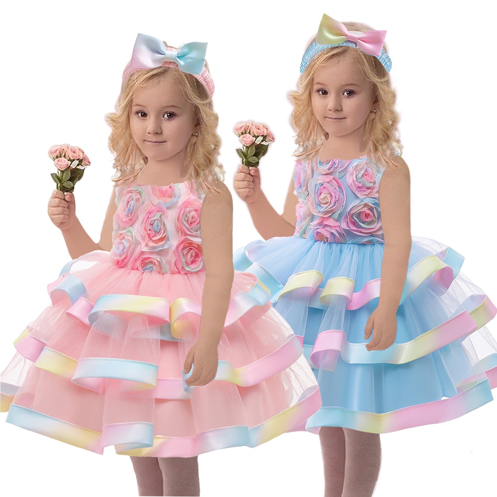 2023 Arrival Summer Kids Party Dress Lace Tulle Patchwork Flowers Girl Dresses Children Clothes Ball Gowns Wholesale Clothing