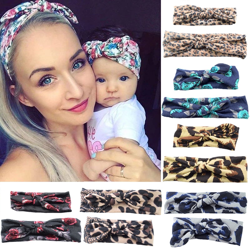 2Pcs/Set Parent-Child Headwear Kids Turban Cloth Leopard Headdress Women Girls Hairband Fashion Elastic Hair Band Accessories