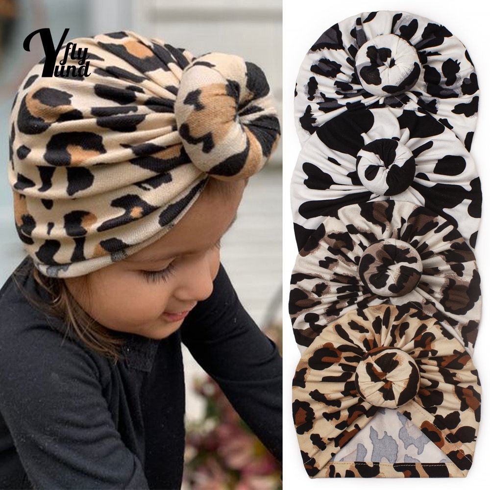 Yundfly Baby Girls Printed Flower Leopard Hat with Round Ball Center Dot Newborn Toddler Turban Caps Beanies Kids Birthday Gifts