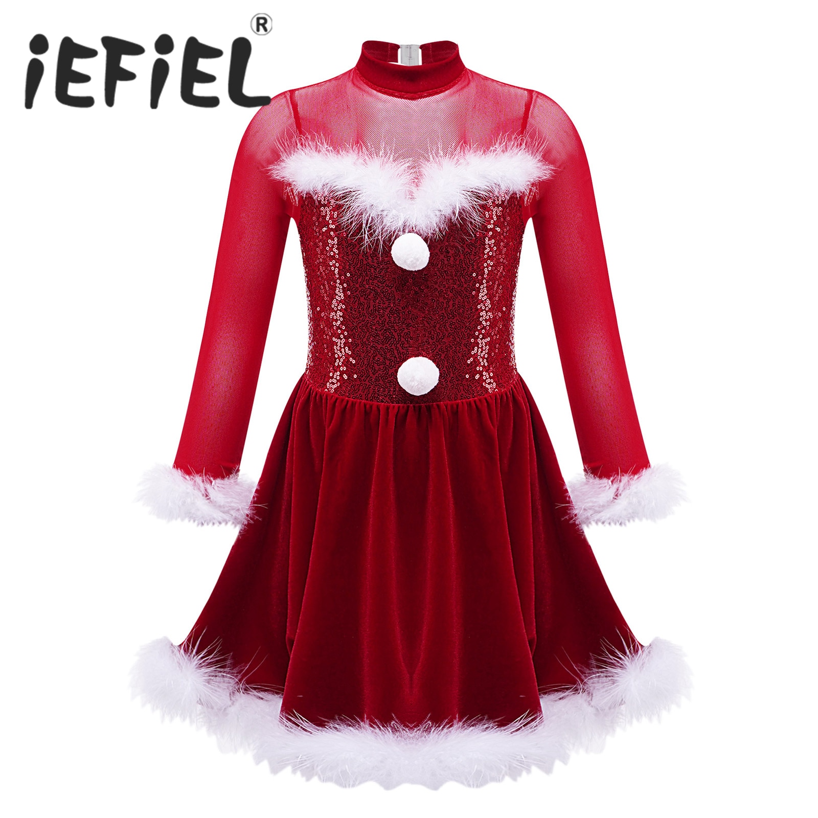 Kids Girls Christmas Costume Xmas New Year Stage Dancewear Sequins Santa Party Cosplay Dress Fluffy Keyhole Back Dance Costume