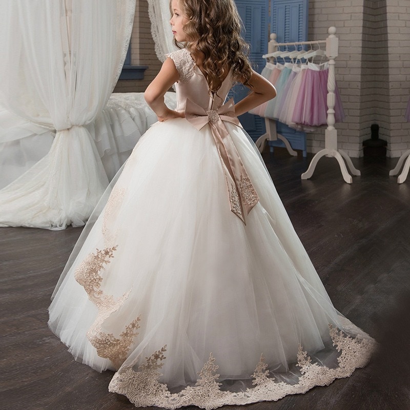 Hot Selling Girl Party Dress for 12 Years Kids Christening Gown Patchwork Lace Tulle Pure White Communion Dresses Ankle-Length