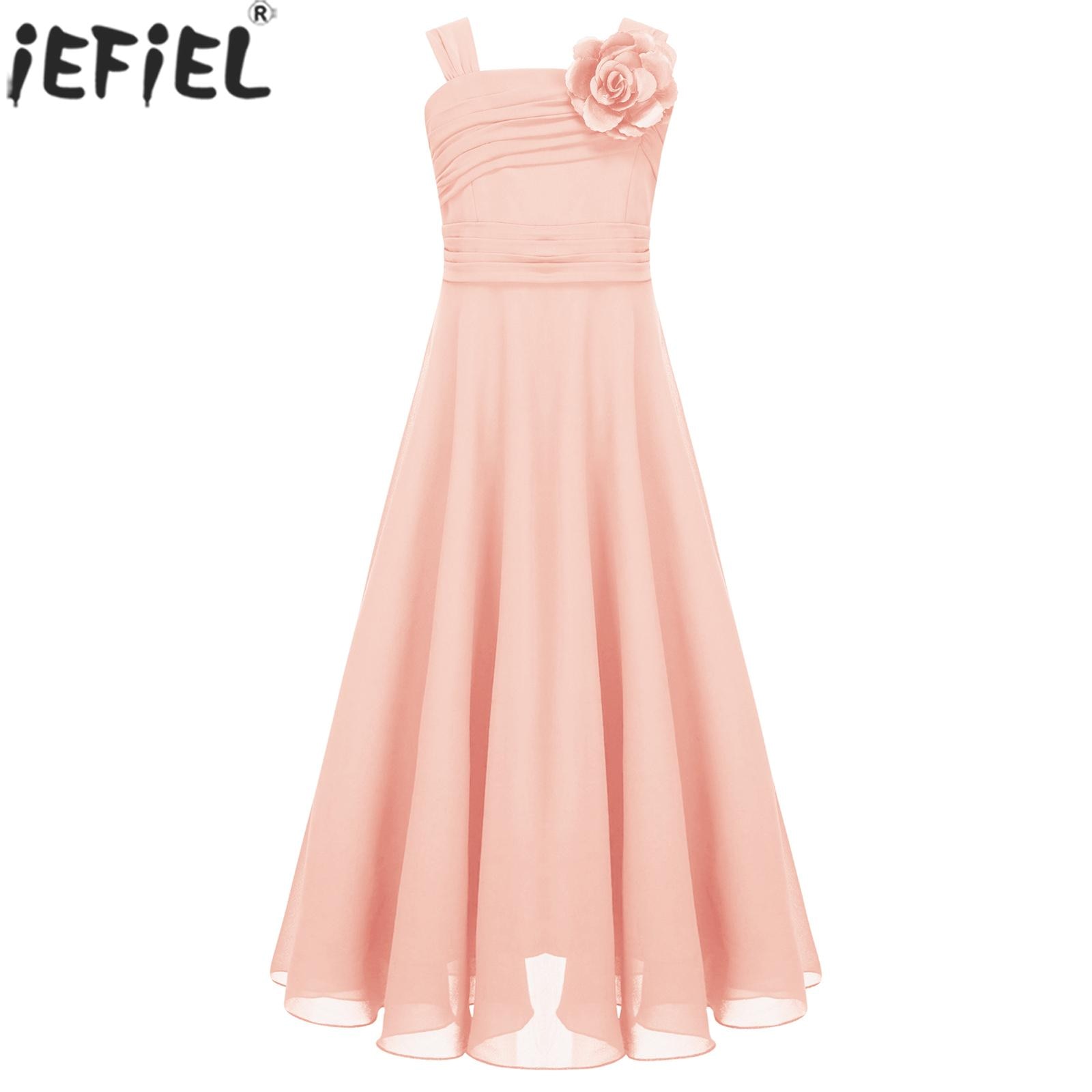 Children Girls Wedding Birthday Party Dresses Sleeveless Elegant Chiffon Ruched Princess Gown Flower Girls Evening Prom Dress