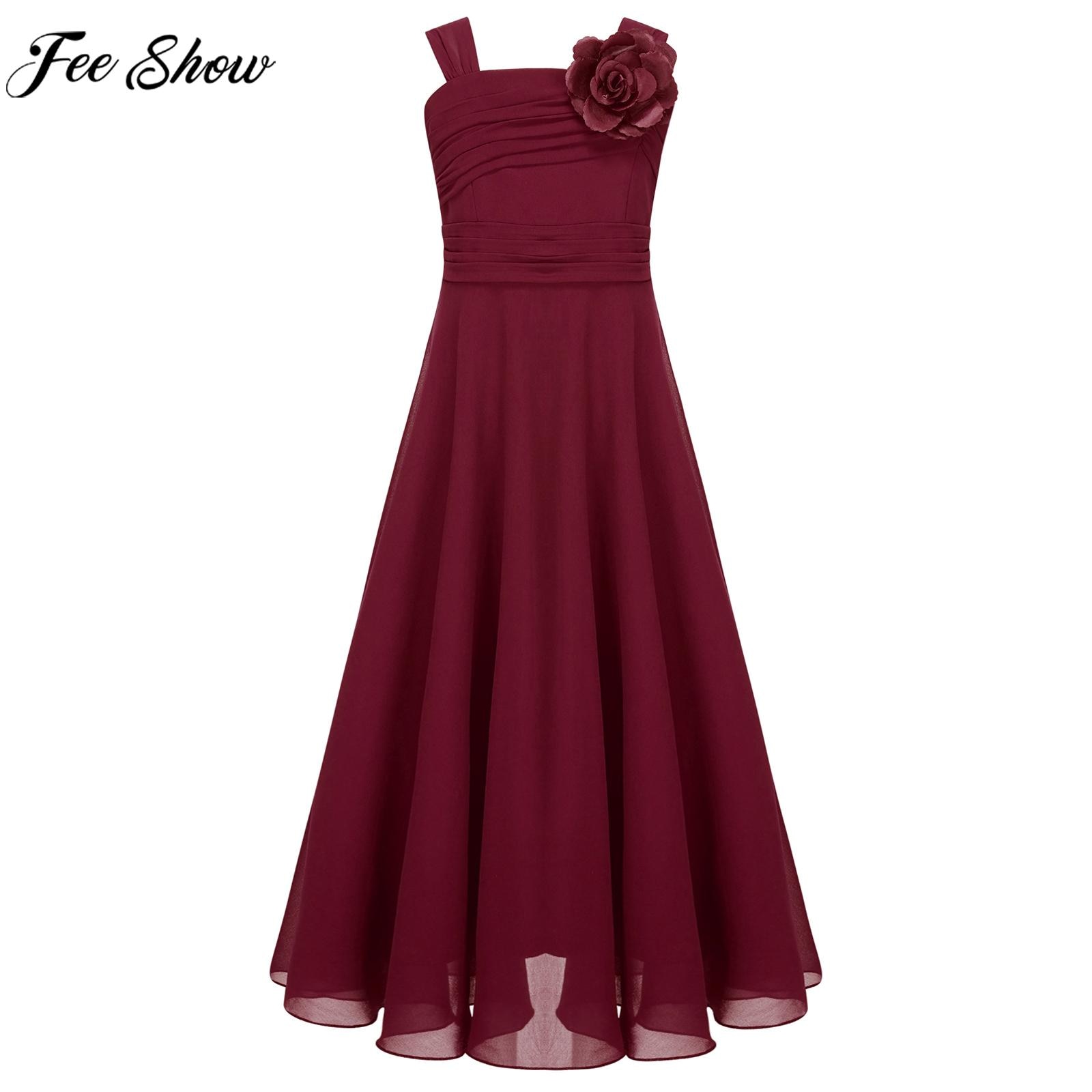 Kids Wedding Flower Girls Christmas Party Dress Sleeveless Elegant Ruched Chiffon Formal Gown Princess Birthday Evening Dresses