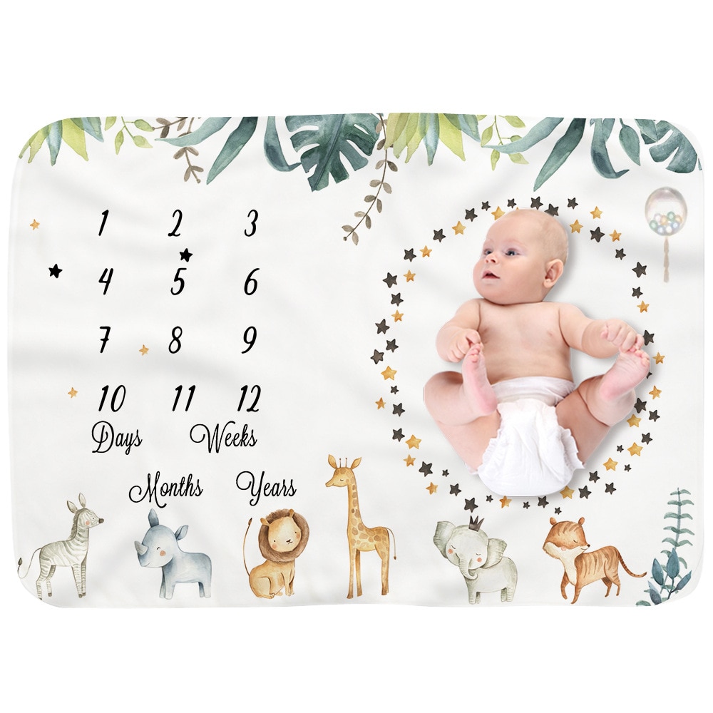 Baby Monthly Record Growth Milestone Blanket Newborn Soft Flannel Cartoon Animal Printed Swaddle Wrap Photography Props