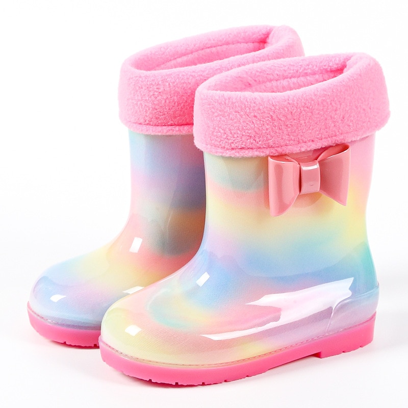 Children's Rain Shoes Overshoes Rainbow Bow Rubber Rain Boots for Boys Girls Kids Candy Color Platform Flat Shoes with Hand