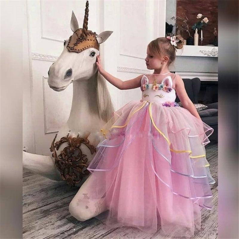 Children Girls Unicorn Tutu Dress Rainbow Princess Kids Birthday Party Christmas Carnival Dress Girls Wedding Costume