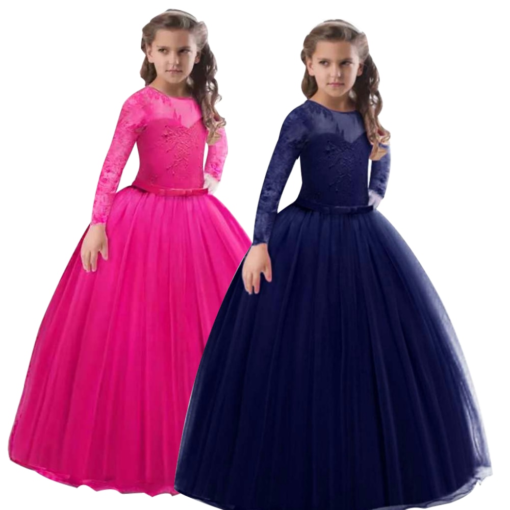 Hot Sales Ankle-Length Kids Party Dress Lace Full Sleeves Ivory Flower Girl Dresses For Weddings Formal Ball Gowns 4 To 14 Years