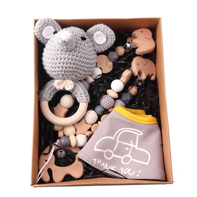 4 Pcs/Set Baby Pacifier Chain Clip Pram Clip Pendant Stroller Rattle Wooden Crochet Elephant Music Bell Teething Toy Feeding Bib