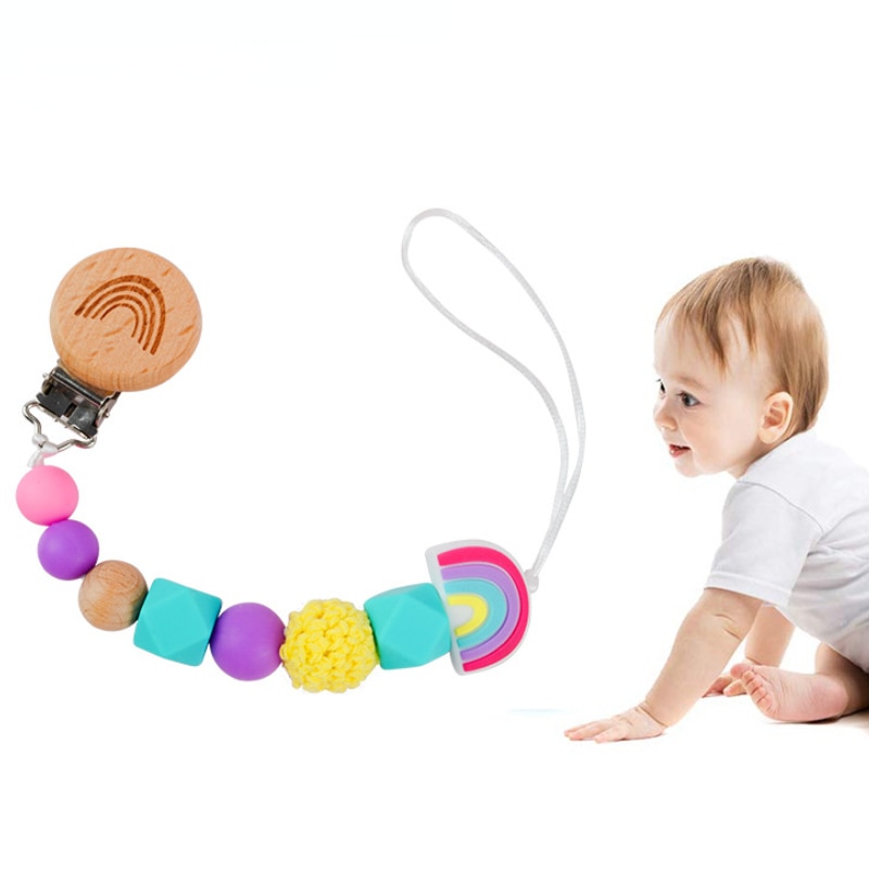 Rainbow Beech Wooden Dummy Clip Silicone Beads Chew Teether Anti Drop Pacifier Chain Soother Nipple Holder DIY Baby Accessories