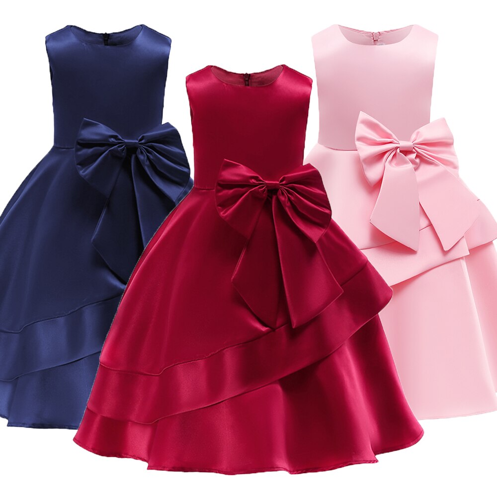 New Solid Color Satin Christmas Princess Costume Sleeveless Big Bow Elegant Party Dresses For Girls Clothes Kids Vestidos 3-10 Y