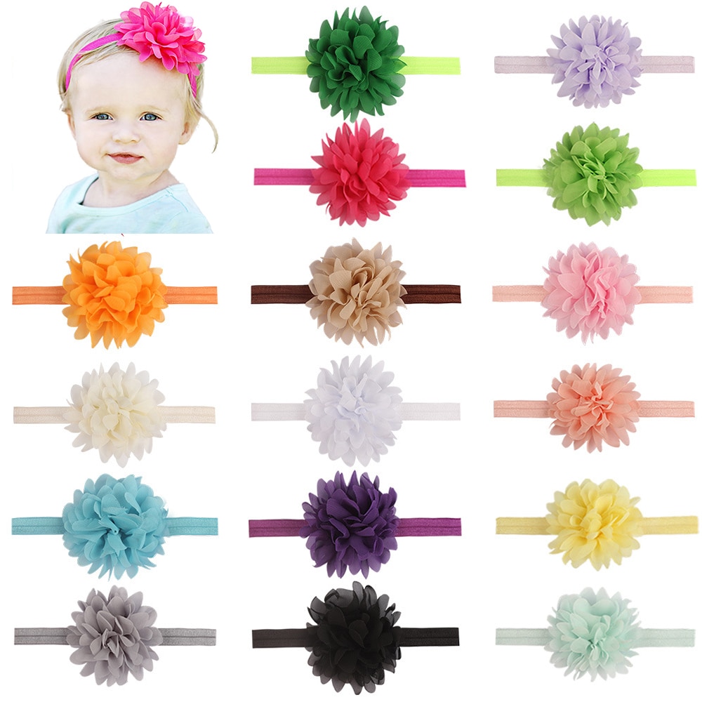 16 Solid Color Large Chiffon Flowers Baby Headbands Newborn Elastic Nylon Headwear Kids Hairband Toddlers Hair Accessories
