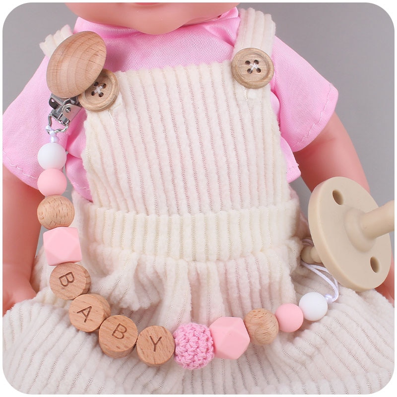 Silicone Beech Wood Pacifier Clips Safe Teething Chain BABY Lettering Kid Teether High Quality Eco-friendly Dummy Clips Holder
